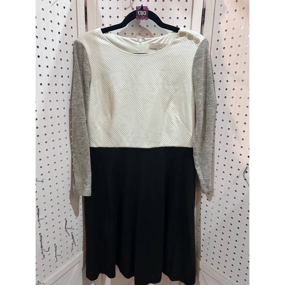 LOFT Black White Textured Knit Sweater Dress Women's Size 12 Long Sleeve‎